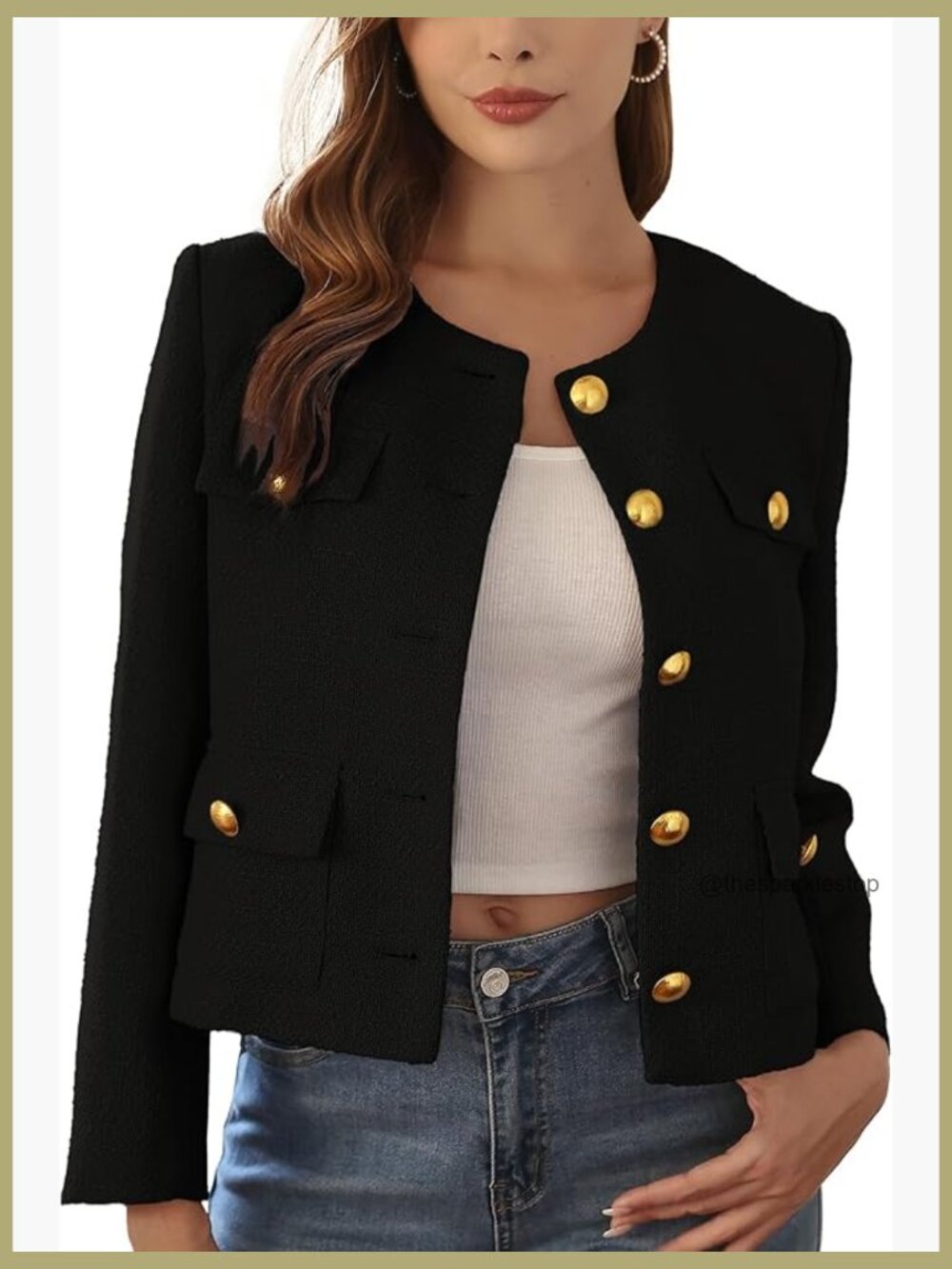 Tweed Blazer Cropped Collarless Long Sleeve Gold Buttons Pockets